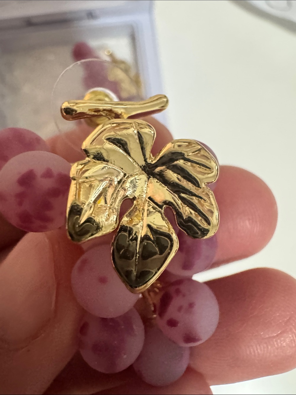 Gold Leaf Pink Grape Cluster Earrings - Women Jewelry - Picture 5 of 6